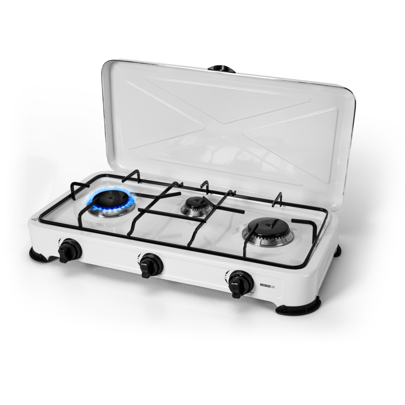 Fornello a gas da campeggio 3 fuochi con coperchio fiamma regolabile