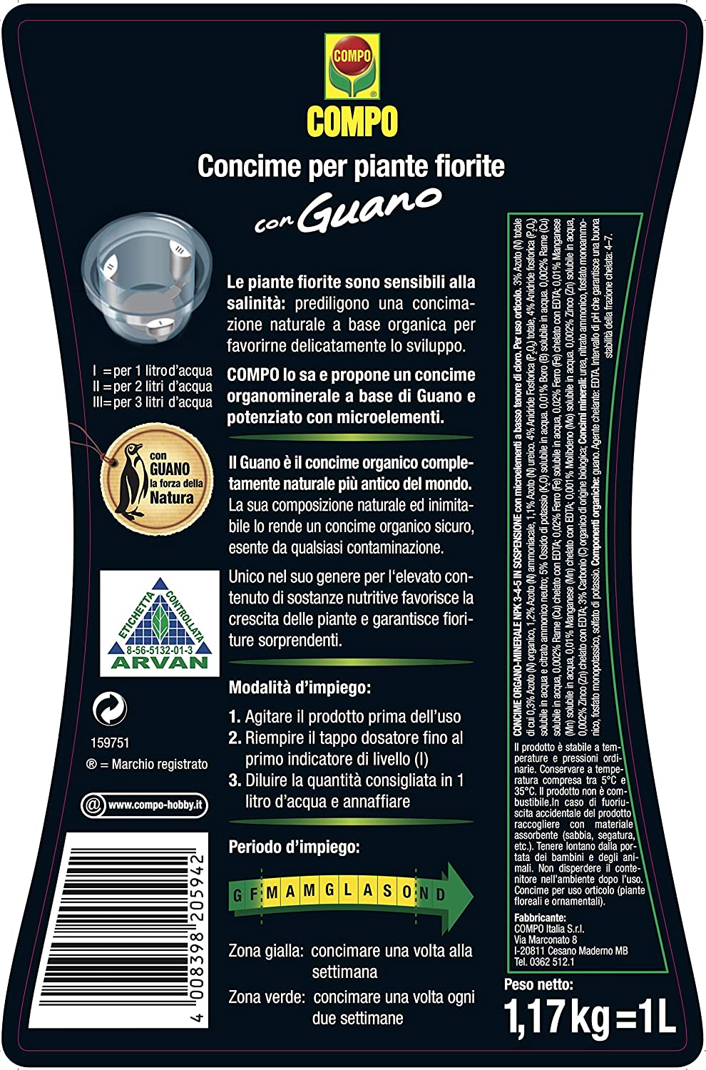 Concime liquido per piante fiorite con Guano fertilizzante per fiori da balcone 1 lt