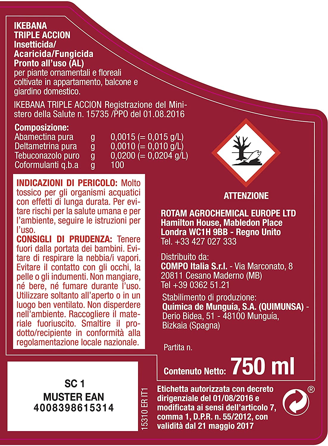 Insetticida universale "Tripla Azione" per acari, afidi, cocciniglia e fungicida spray pronto all' uso 750 ml