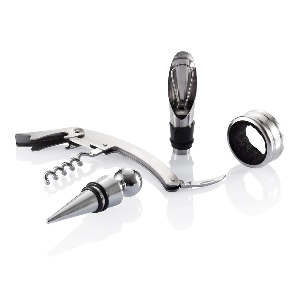 Set sommelier 4 pezzi Cavatappi con tagliacapsule, Anello anti goccia, Tappo chiudi bottiglia, Tappo versatore