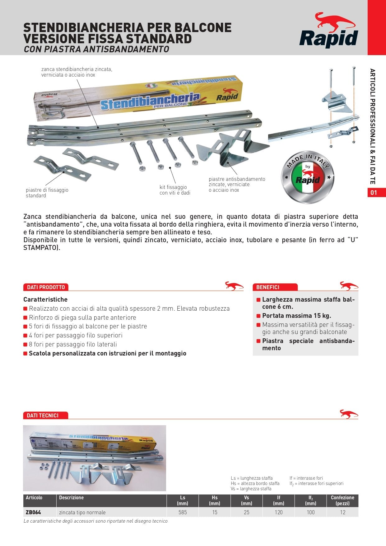 Stendibiancheria Giussani Rapid per balcone in acciaio di alta qualità antisbandamento