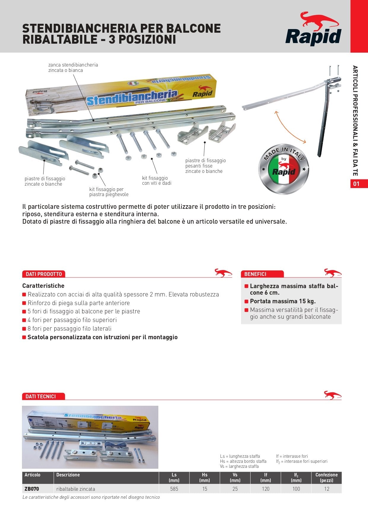Stendibiancheria ribaltabile in acciaio zincato tre posizioni con piastre di fissaggio