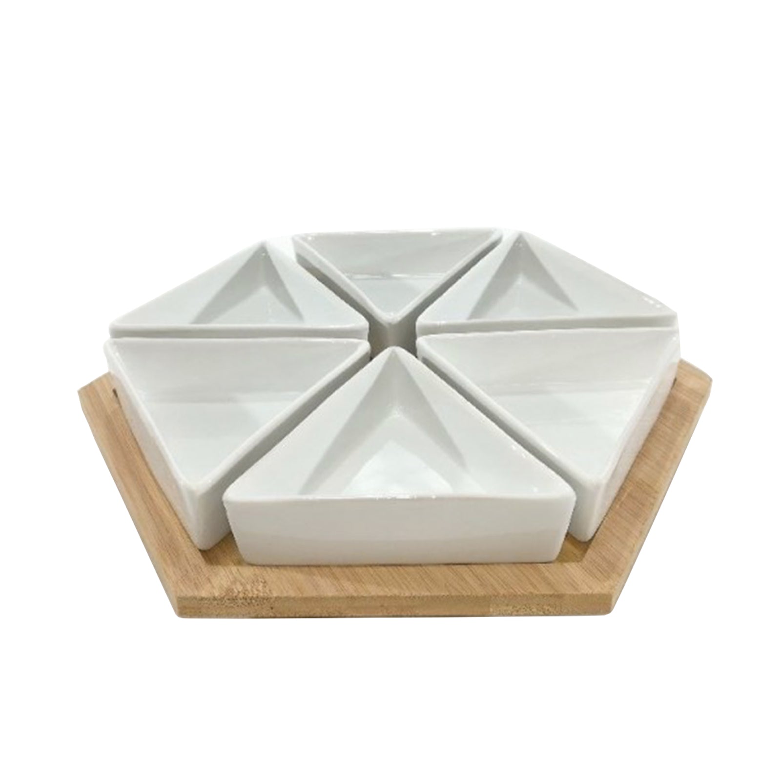 Antipastiera in set da 6 pezzi a spicchi in porcellana con base in bamboo