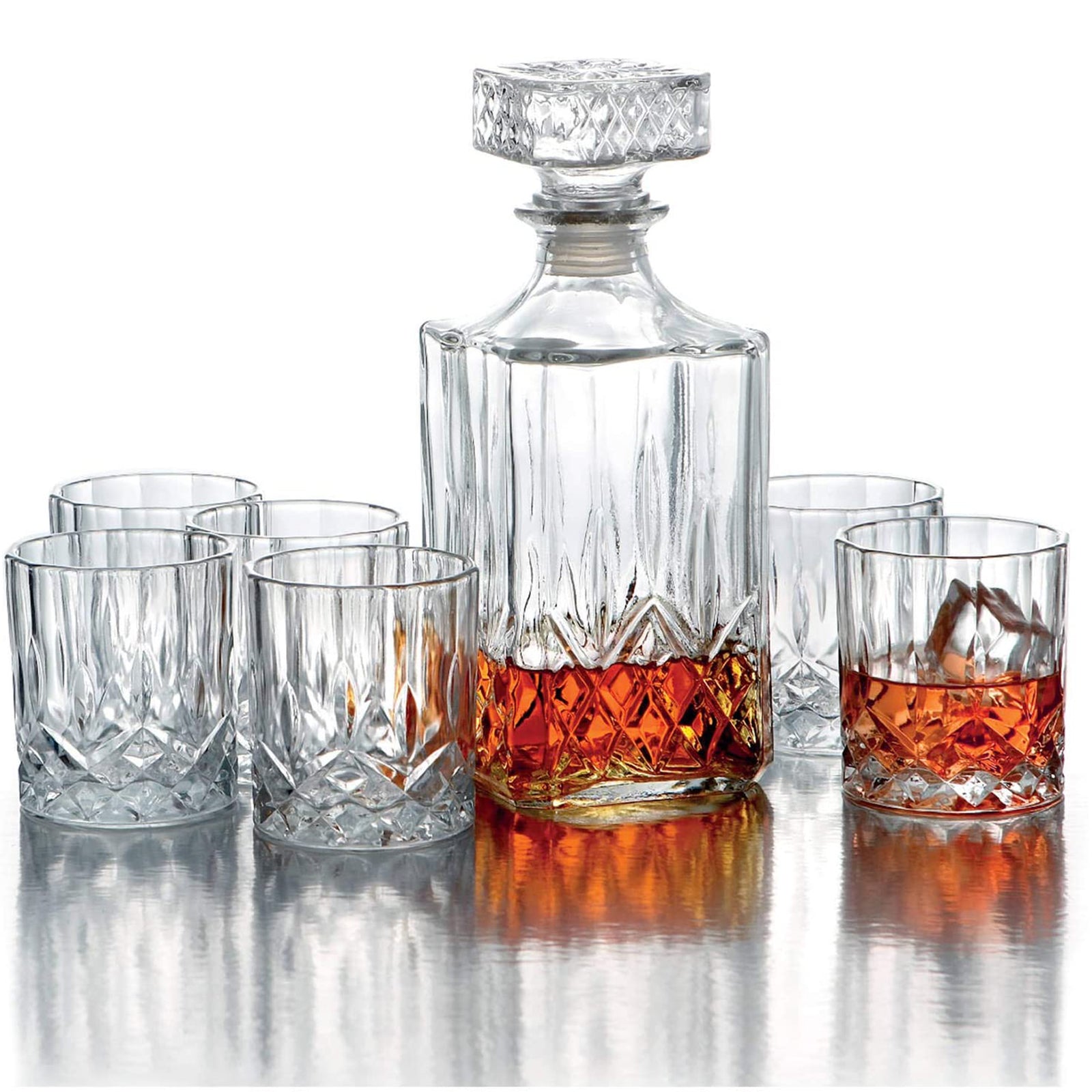 Set Bottiglia decanter da Whisky con 6 bicchieri in vetro intagliato 900 ml
