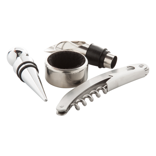 Set sommelier 4 pezzi Cavatappi con tagliacapsule, Anello anti goccia, Tappo chiudi bottiglia, Tappo versatore