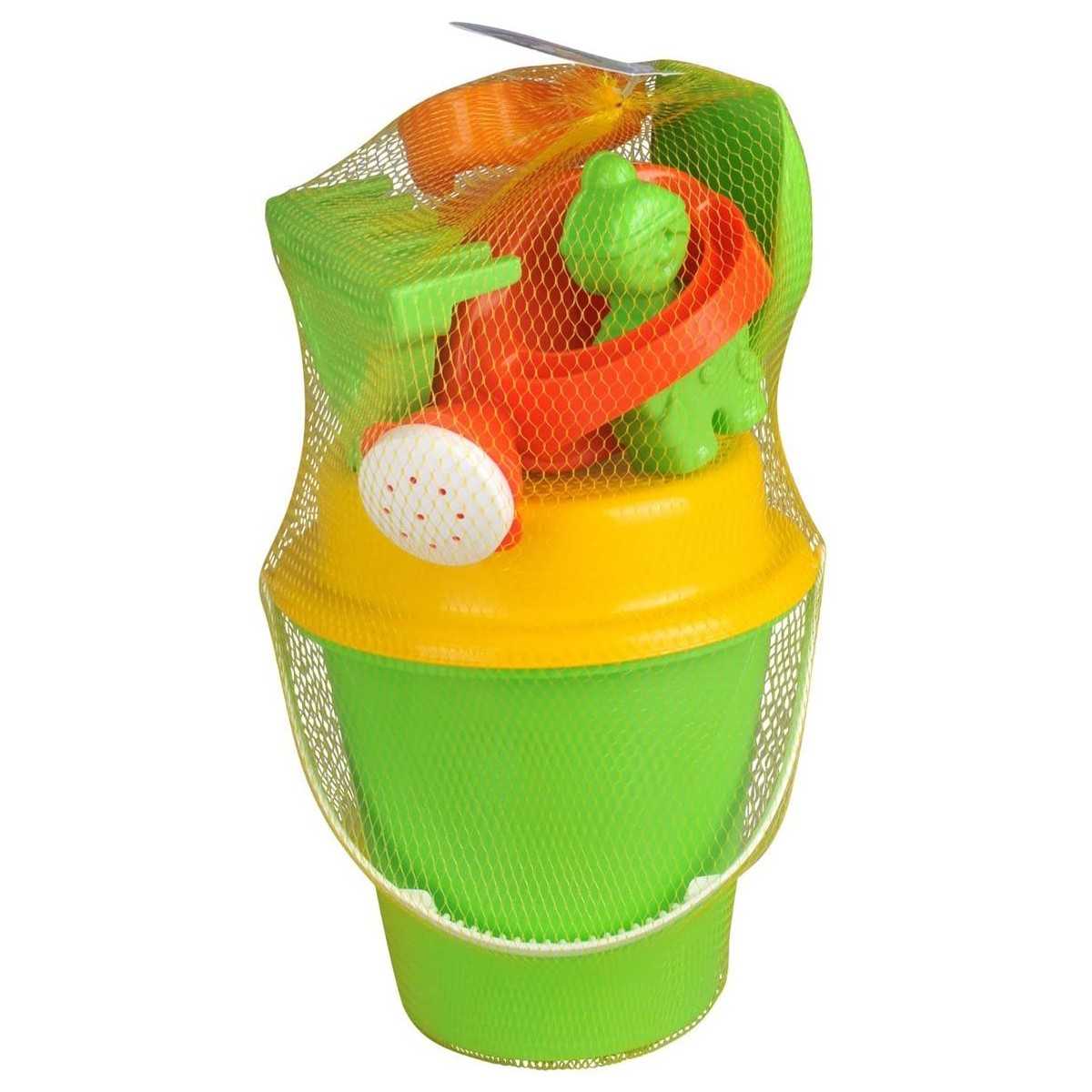 Secchiello da mare per Bambini con formine setaccio paletta e rastrello h 18 cm