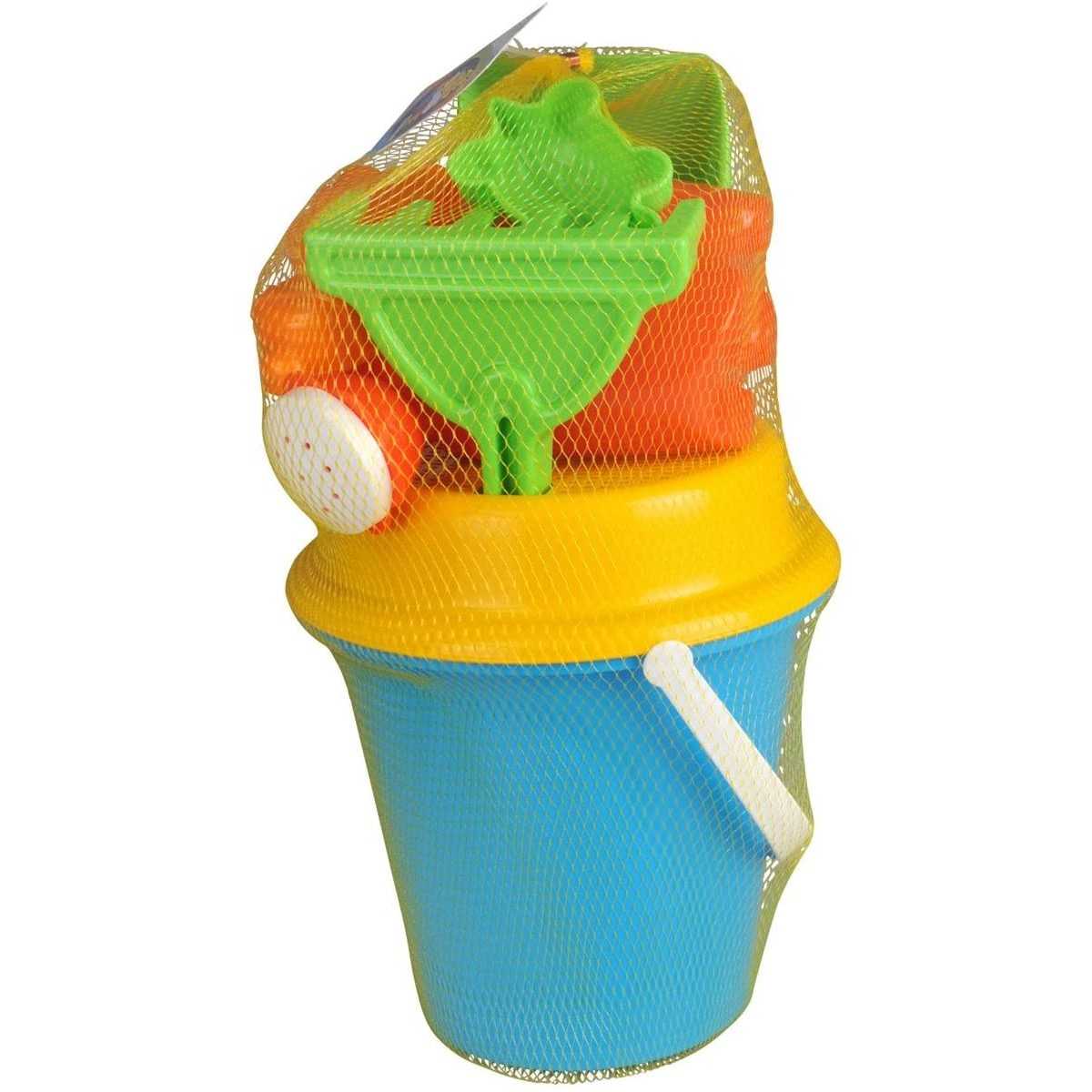 Secchiello da mare per Bambini con formine setaccio paletta e rastrello h 18 cm