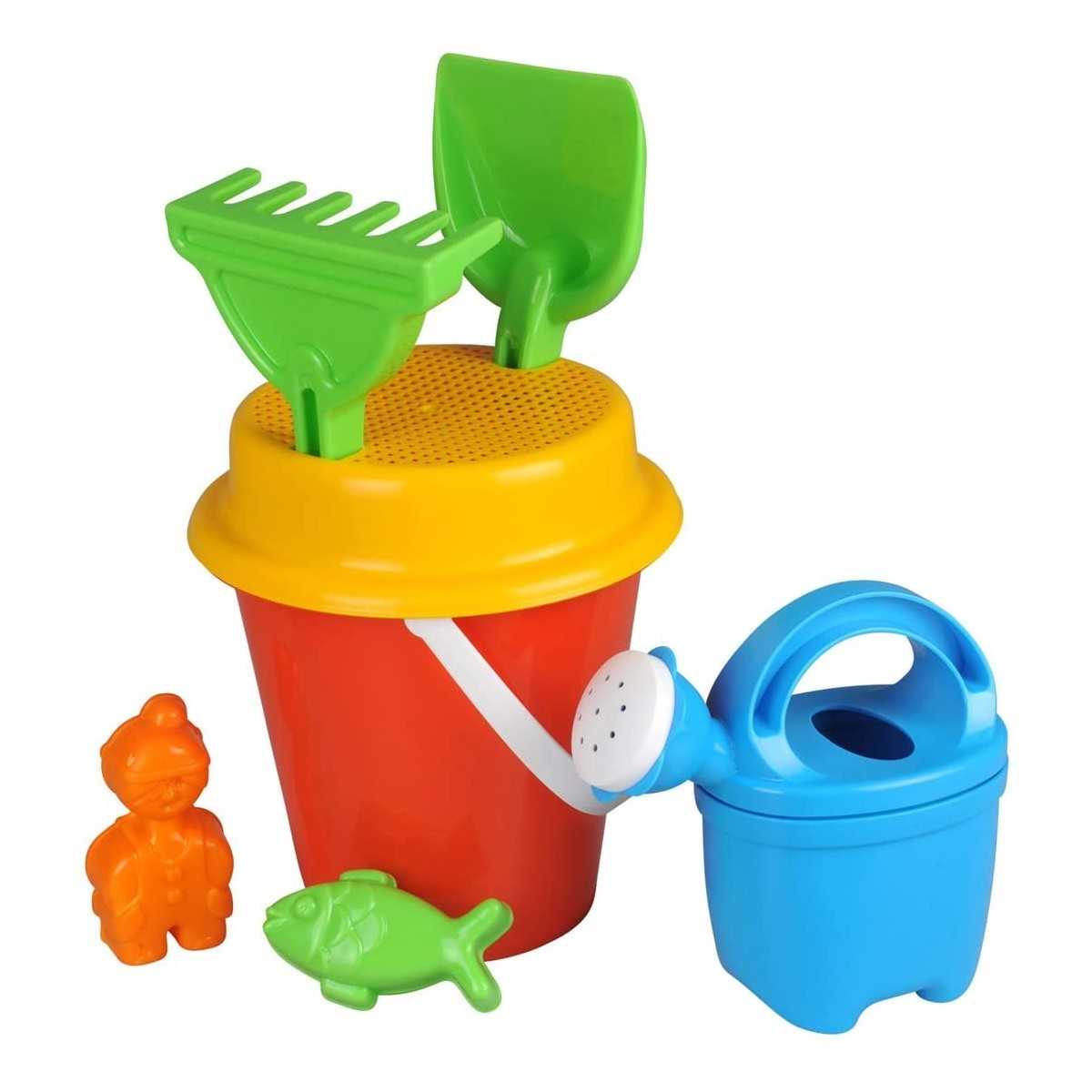 Secchiello da mare per Bambini con formine setaccio paletta e rastrello h 18 cm