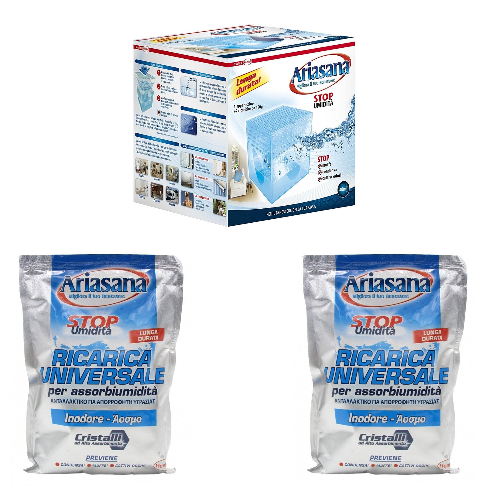 Deumidificatore Ariasana kit vaschetta con due ricariche assorbi umidità da 450 gr