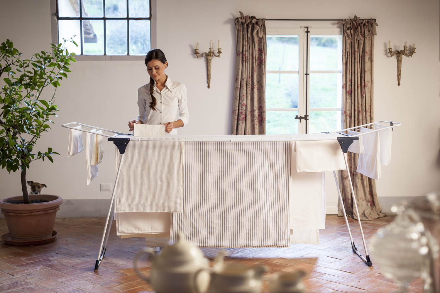 Stendibiancheria Gimi "Dinamik 30" da pavimento stendino in acciaio Inox con ali argento e blu 20 mt