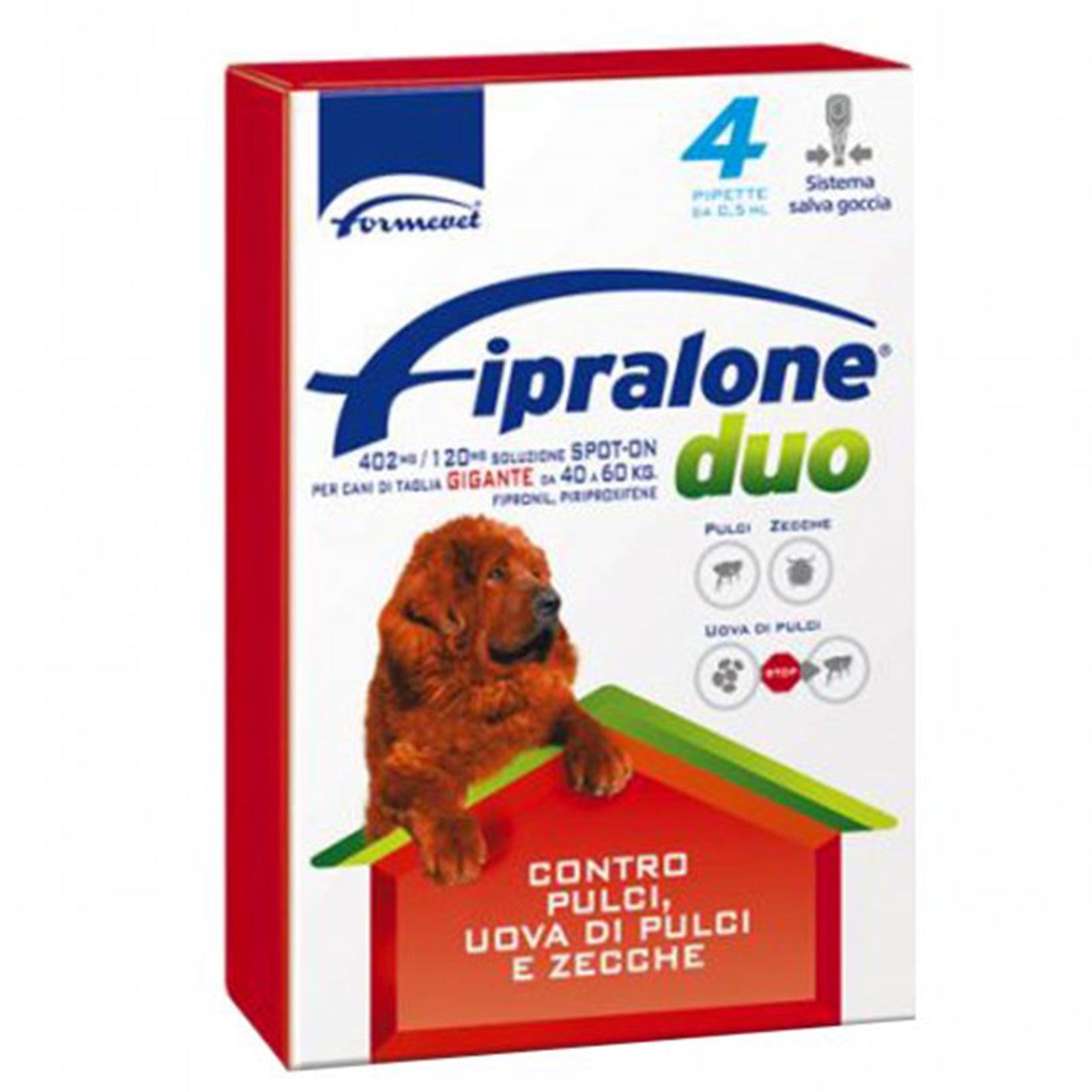 Antiparassitario Cani da 40-60 kg per pulci e zecche "Fipralone Duo" Spot-on 4 pipette da 402 mg