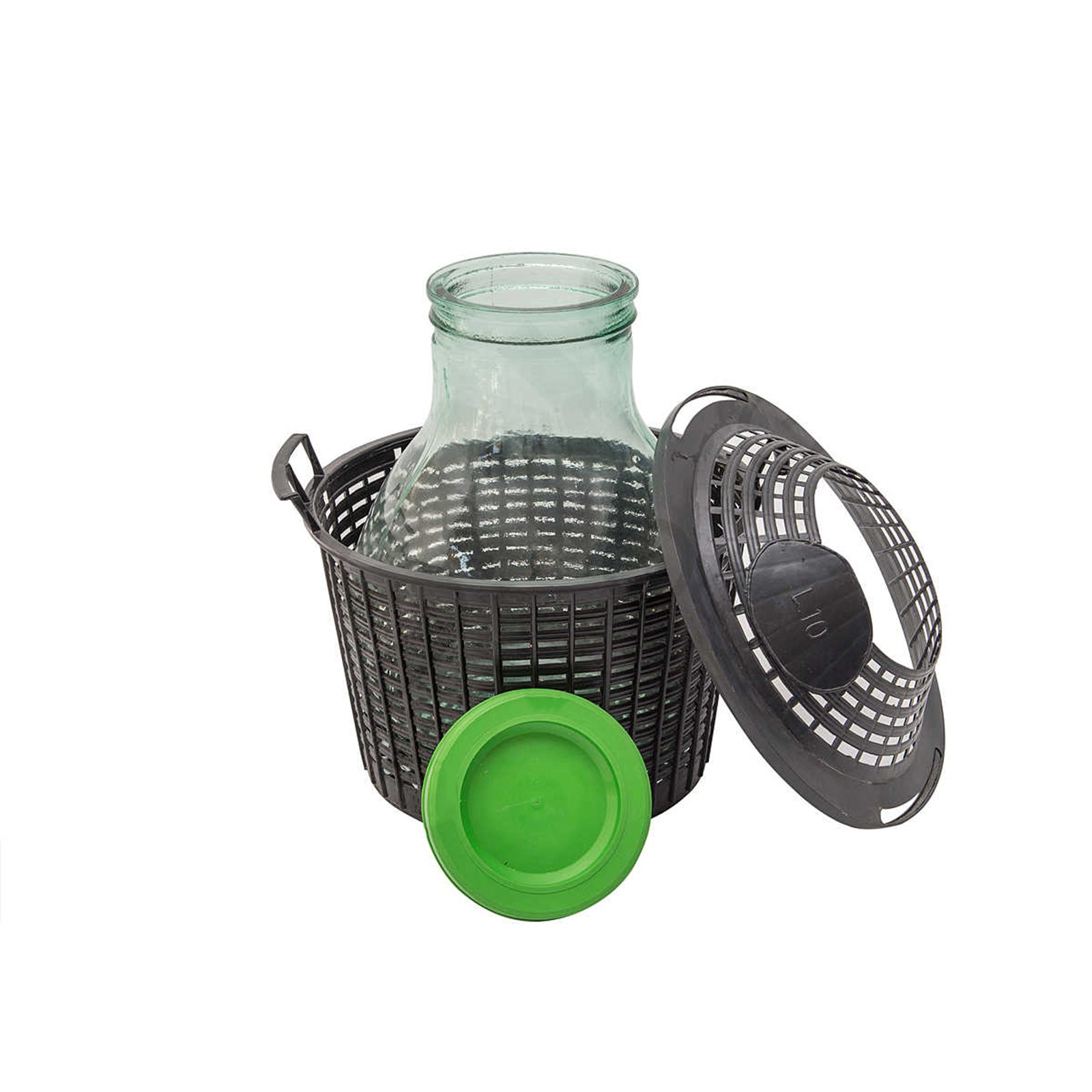 Damigiana in vetro "Bocca Larga" per vino, infusi e distillati con cesta in plastica