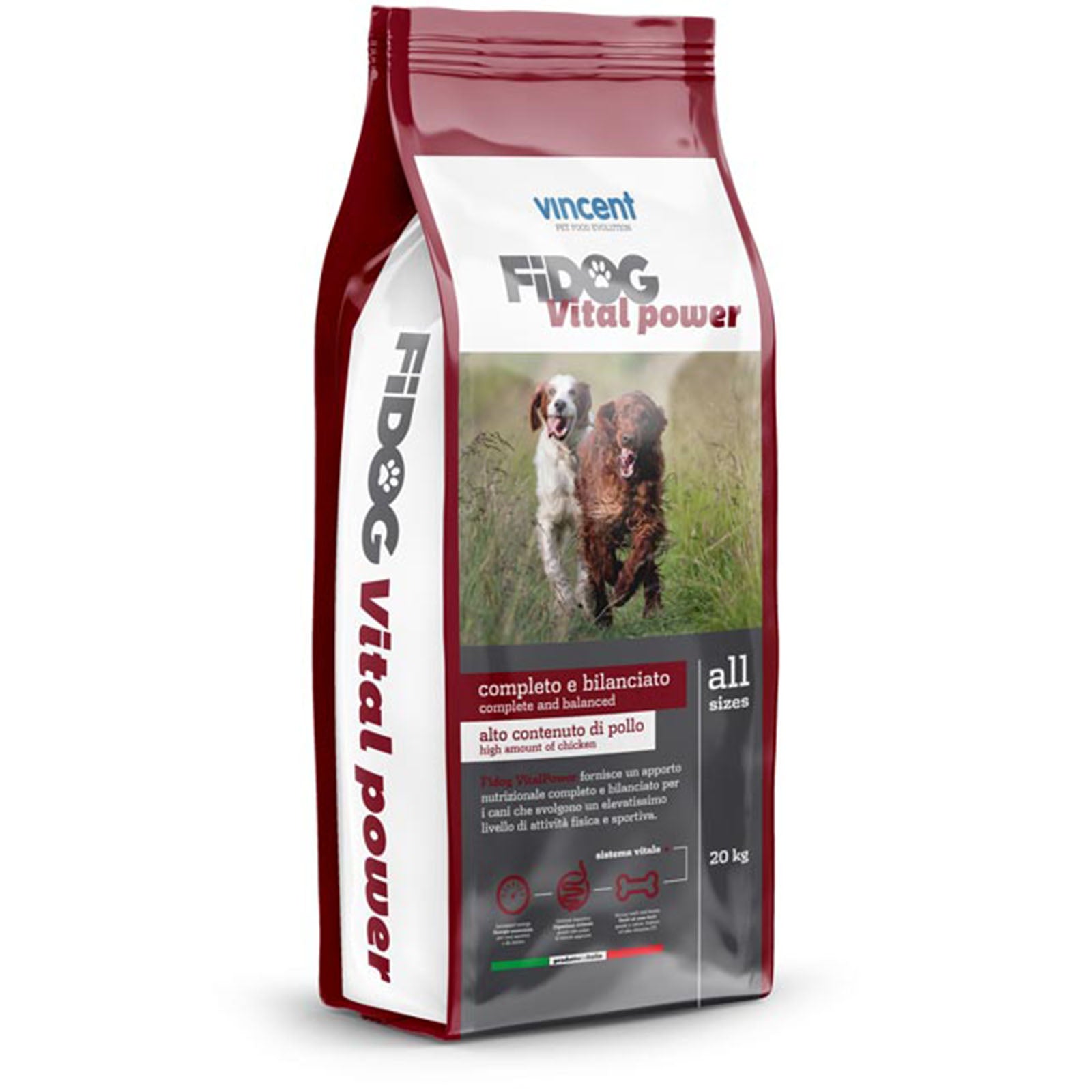 Crocchette Vincent per cani da caccia Fidog Vital Power 20 kg a base di carne, verdure e cereali