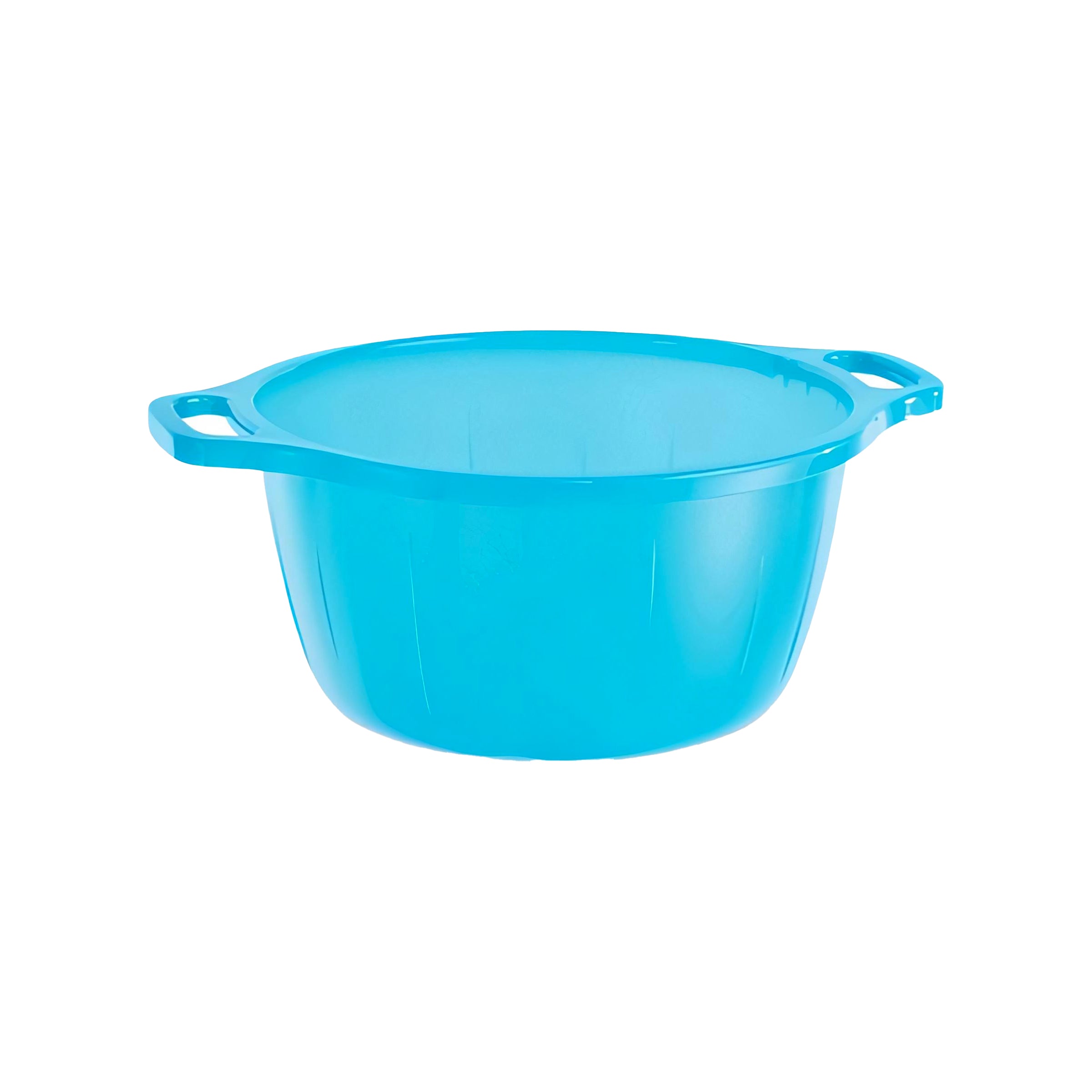 Bacinella bombata in plastica blu con due manici per uso casalingo