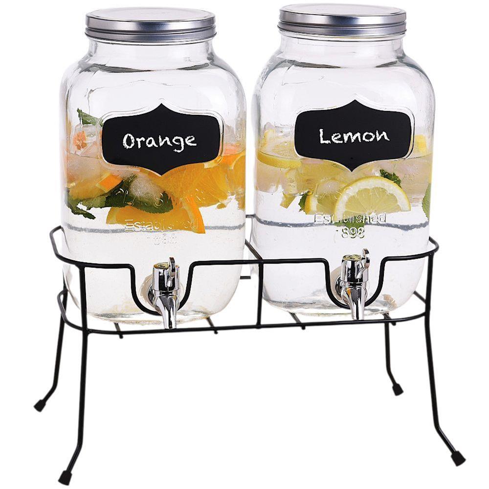 Caraffe in vetro porta bevande con rubinetto e supporto in metallo