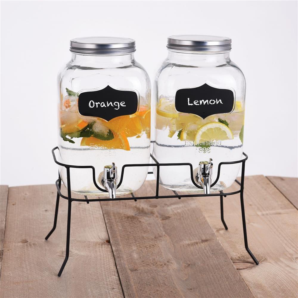 Caraffe in vetro porta bevande con rubinetto e supporto in metallo