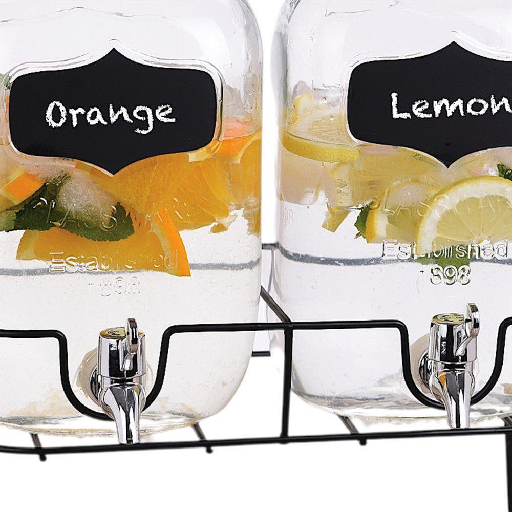 Caraffe in vetro porta bevande con rubinetto e supporto in metallo