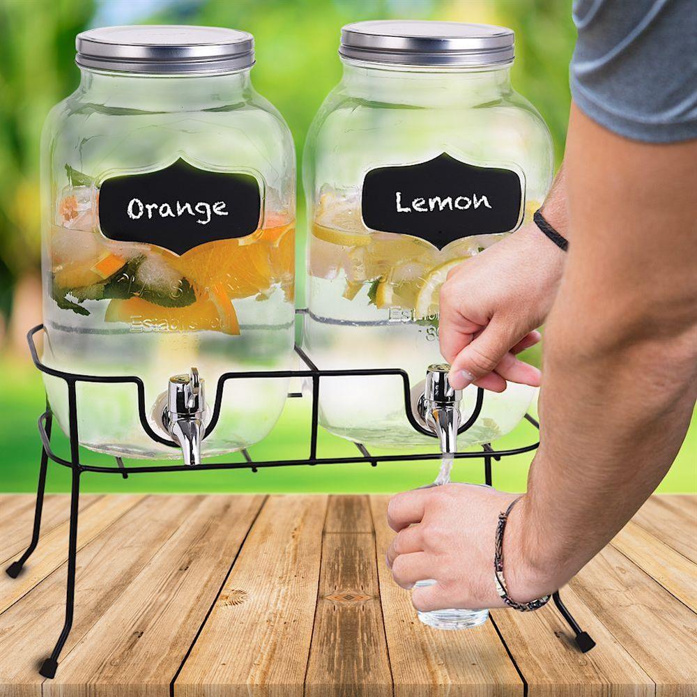 Caraffe in vetro porta bevande con rubinetto e supporto in metallo