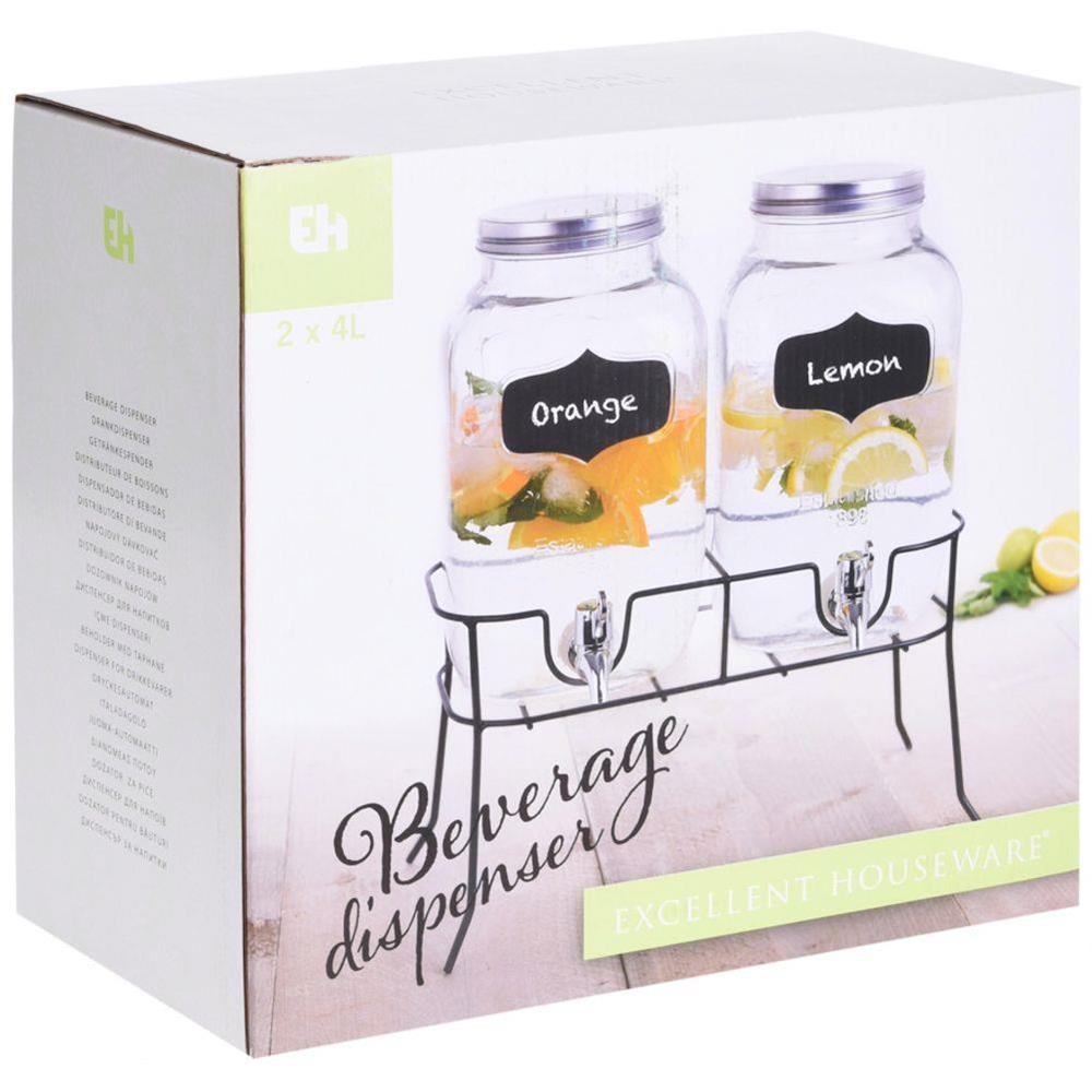 Caraffe in vetro porta bevande con rubinetto e supporto in metallo