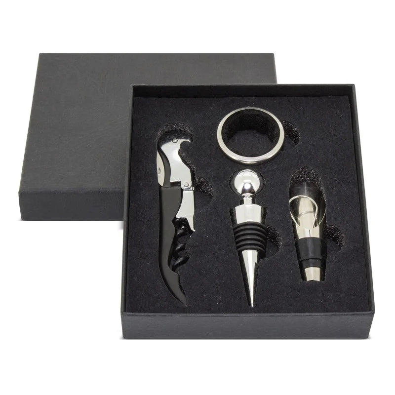 Set sommelier 4 pezzi Cavatappi con tagliacapsule, Anello anti goccia, Tappo chiudi bottiglia, Tappo versatore