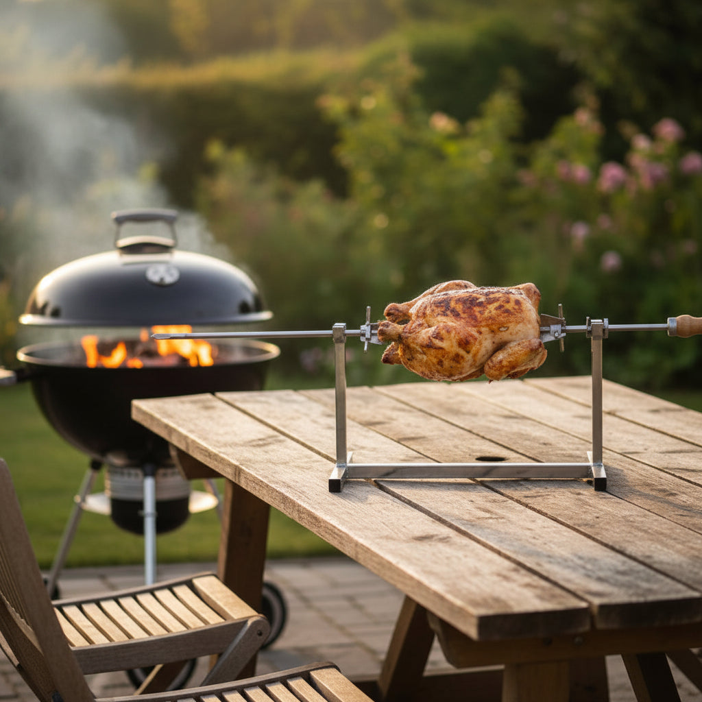Spiedo per barbeque e griglie con forchette in acciaio cromato per bloccare la carne