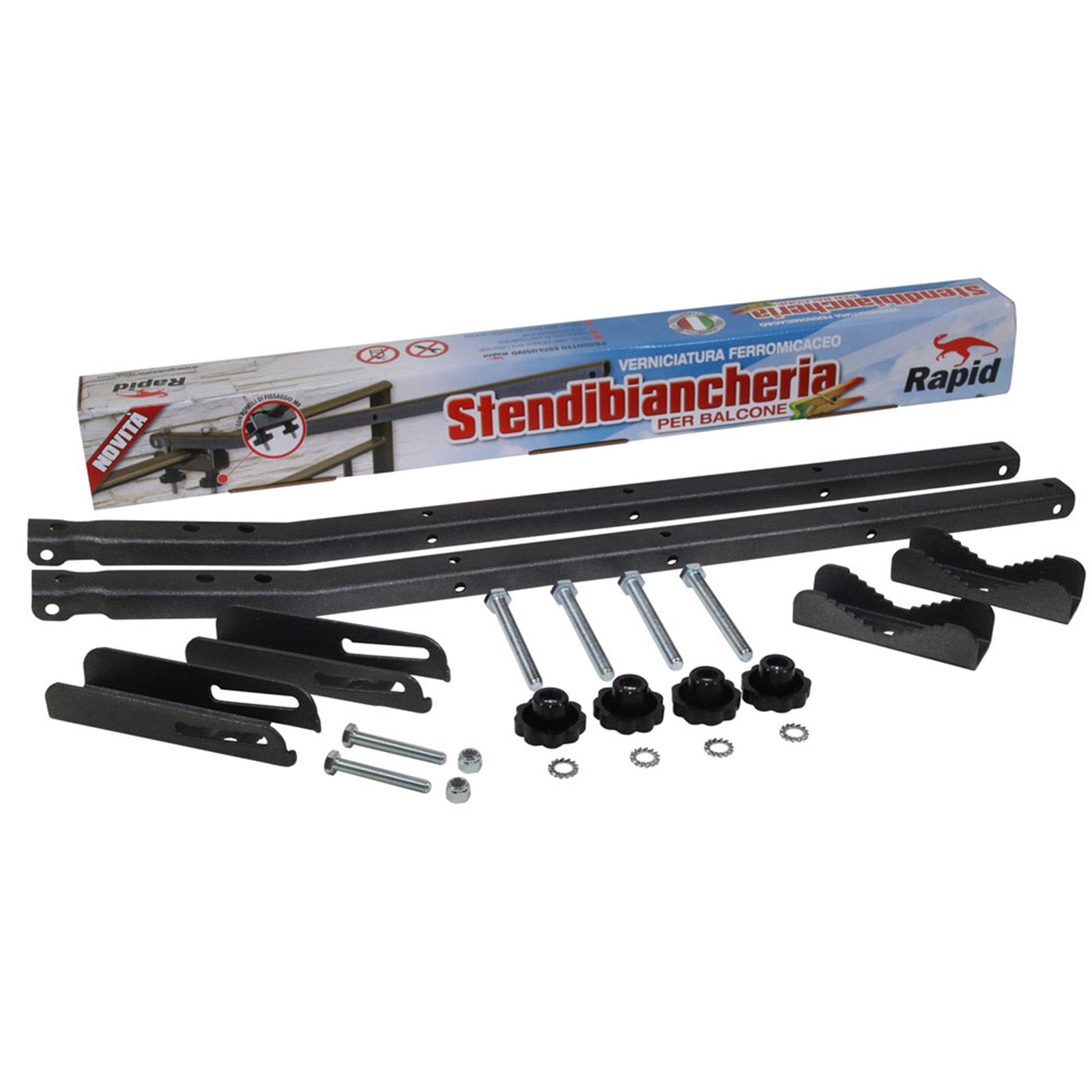 Stendibiancheria in ferro pieghevole per balcone con pomoli resistente sistema di fissaggio