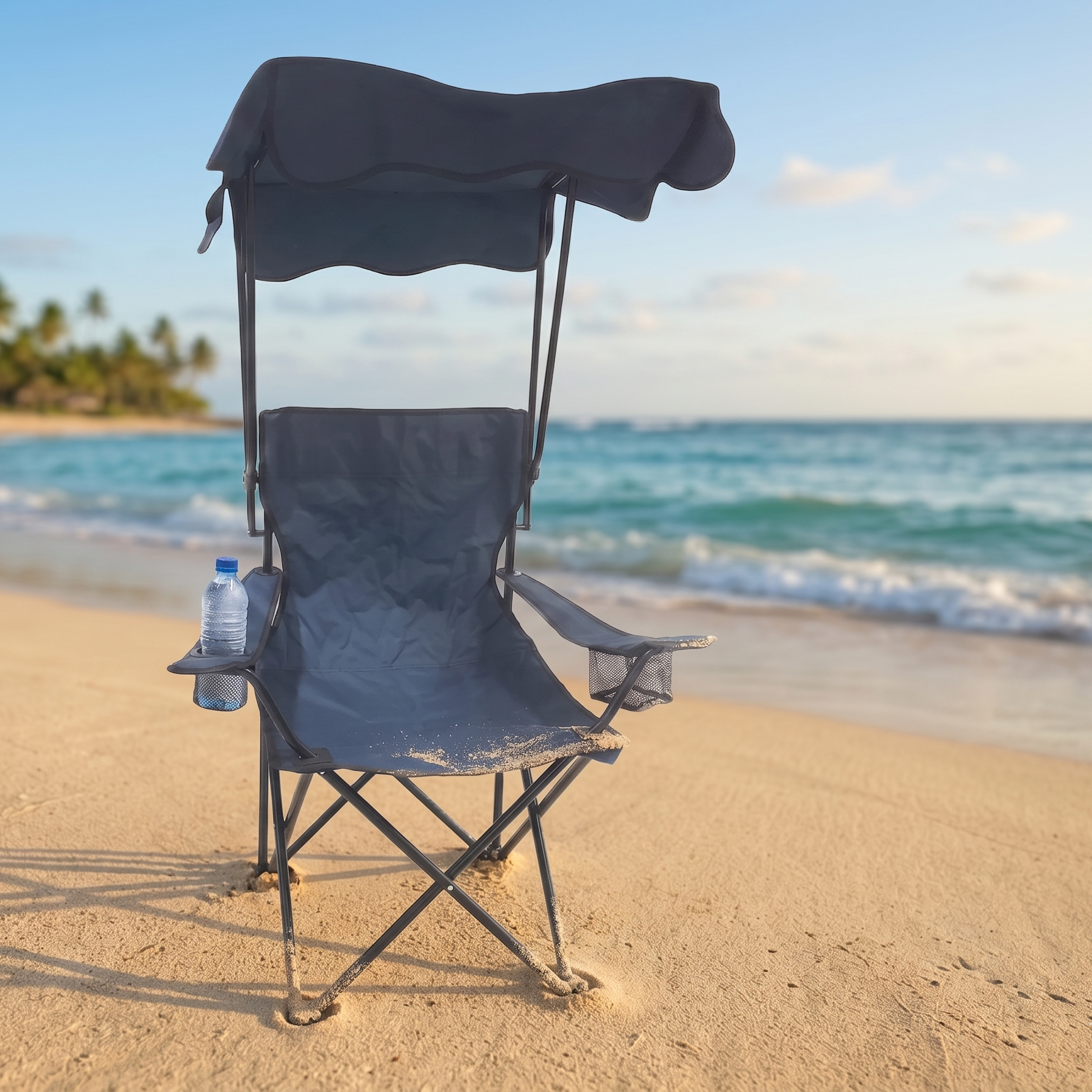 Sedia pieghevole con parasole, tessuto color blu da camping