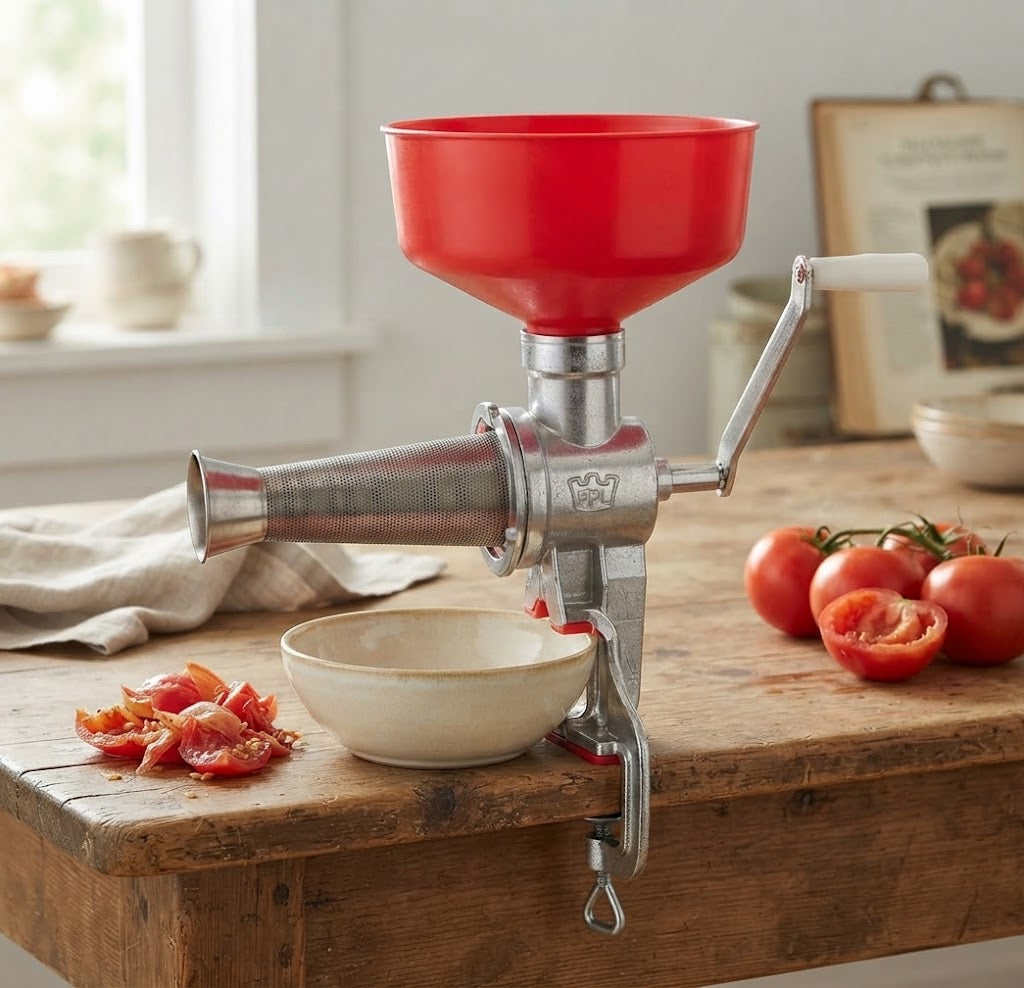 Spremipomodoro manuale "Pavi" con imbuto e scivolo in PVC per trasformazione pomodori