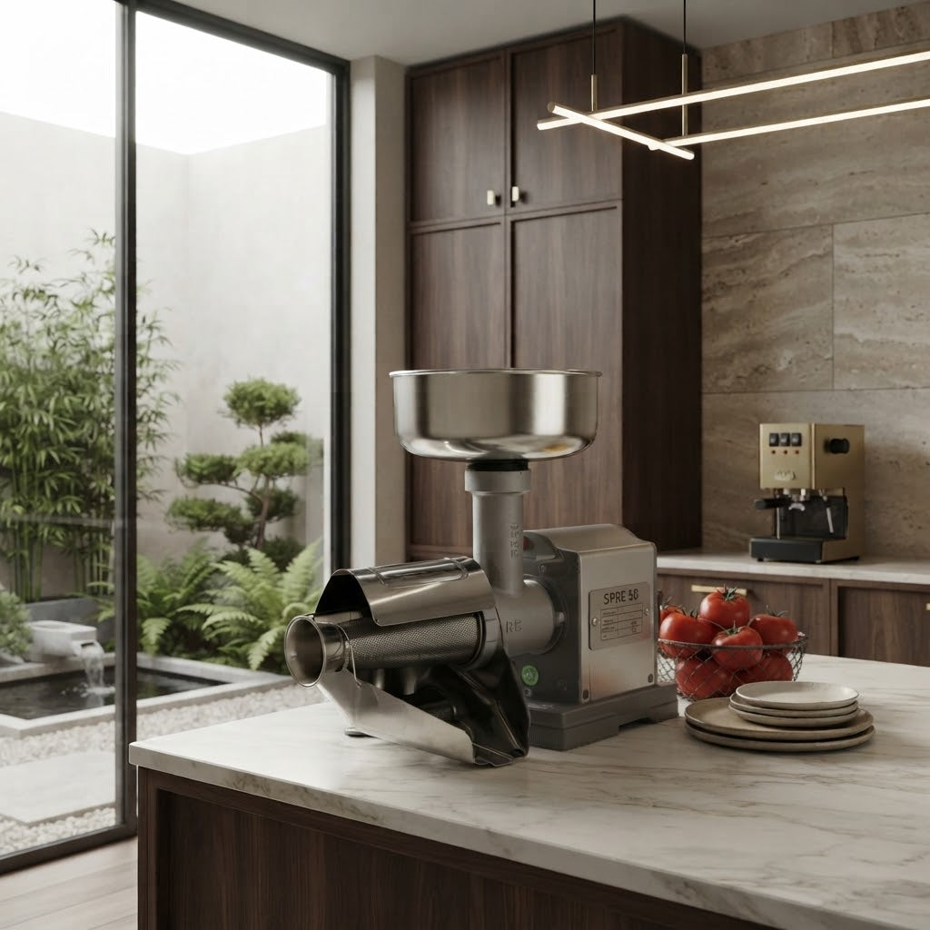 Accessorio spremipomodoro con imbuto e filtro in acciaio inox e pestello in plastica
