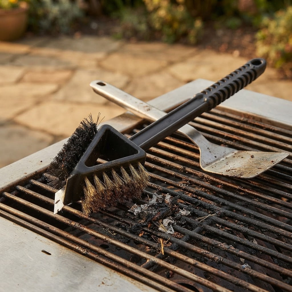 Spazzola doppia per barbecue con fili per abrasione per pulizia e supporto per rimozione