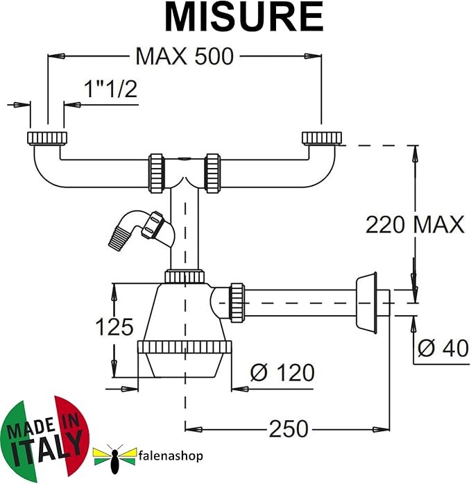 Sifone per lavello e cucina in polipropilene con guarnizioni