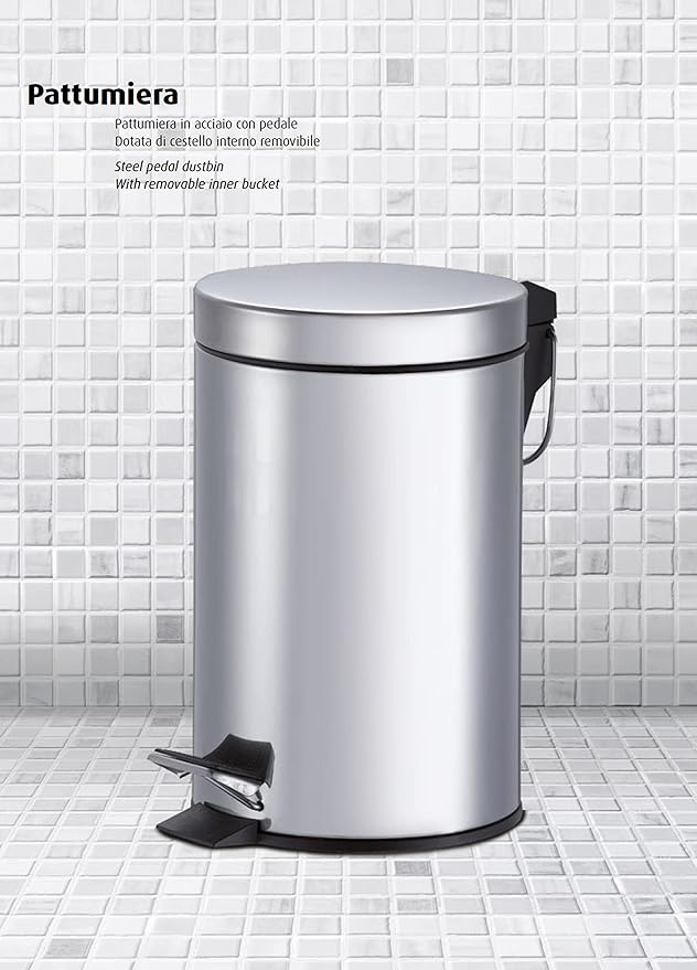Pattumiera tonda in acciaio inox con pedale e cestello interno removibile