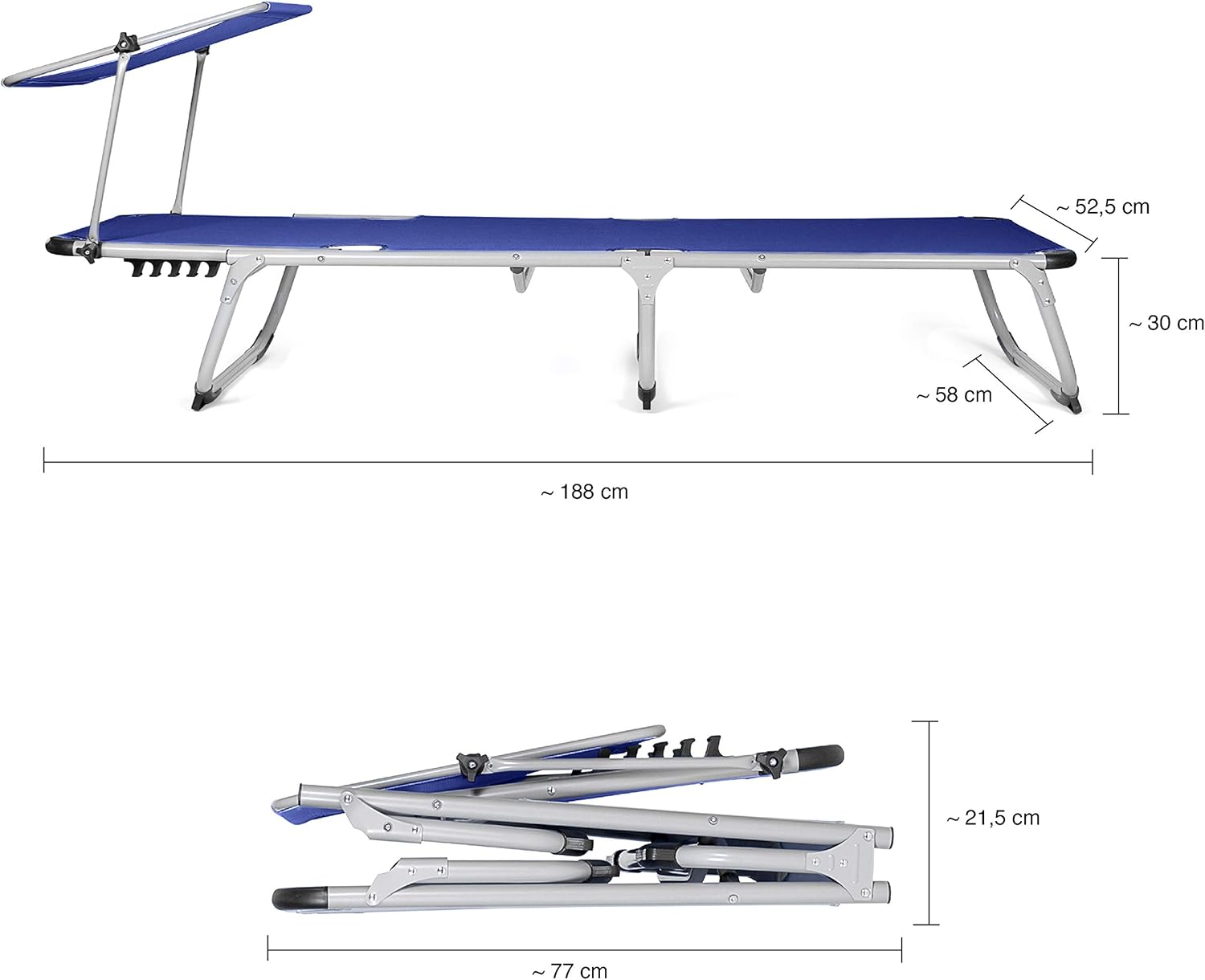 Lettino prendisole "Super" in alluminio pieghevole con tettuccio da mare e giardino