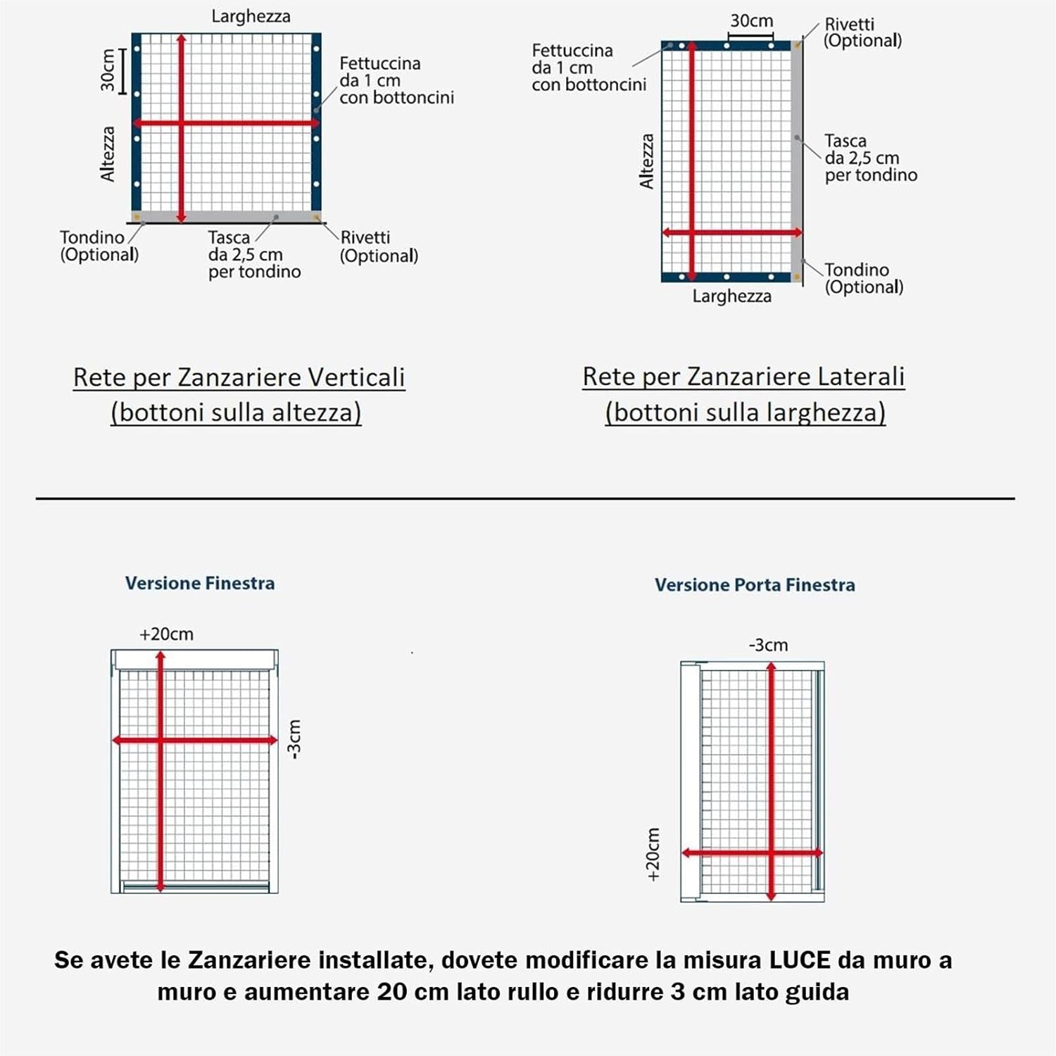 Rete di ricambio zanzariera a rullo telo con tasca prodotto su misura, "Made in Italy" Verticale