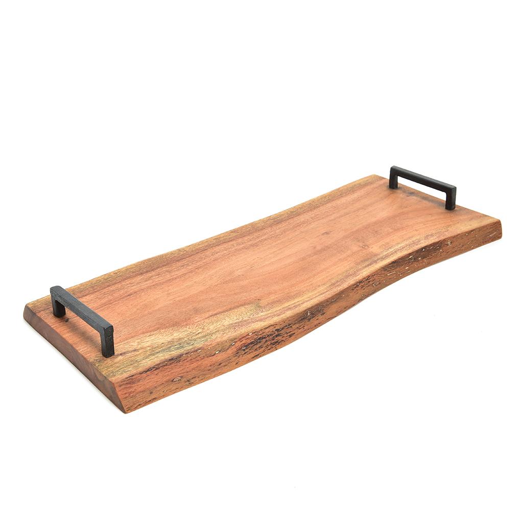 Tagliere rettangolare da portata in legno naturale per alimenti con manici in ferro, 55 x 25 cm