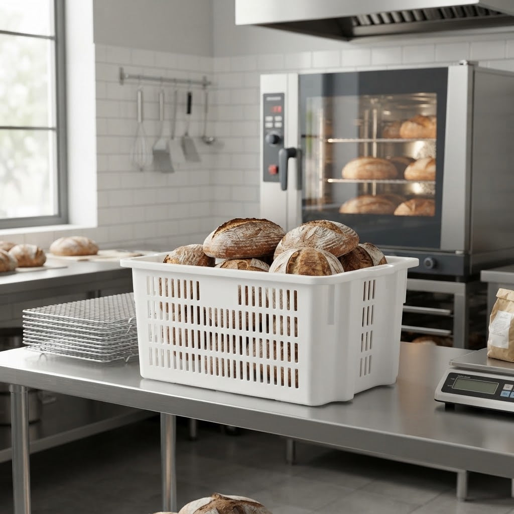 Cesta per pane sovrapponibile in plastica bianca traforata con manici