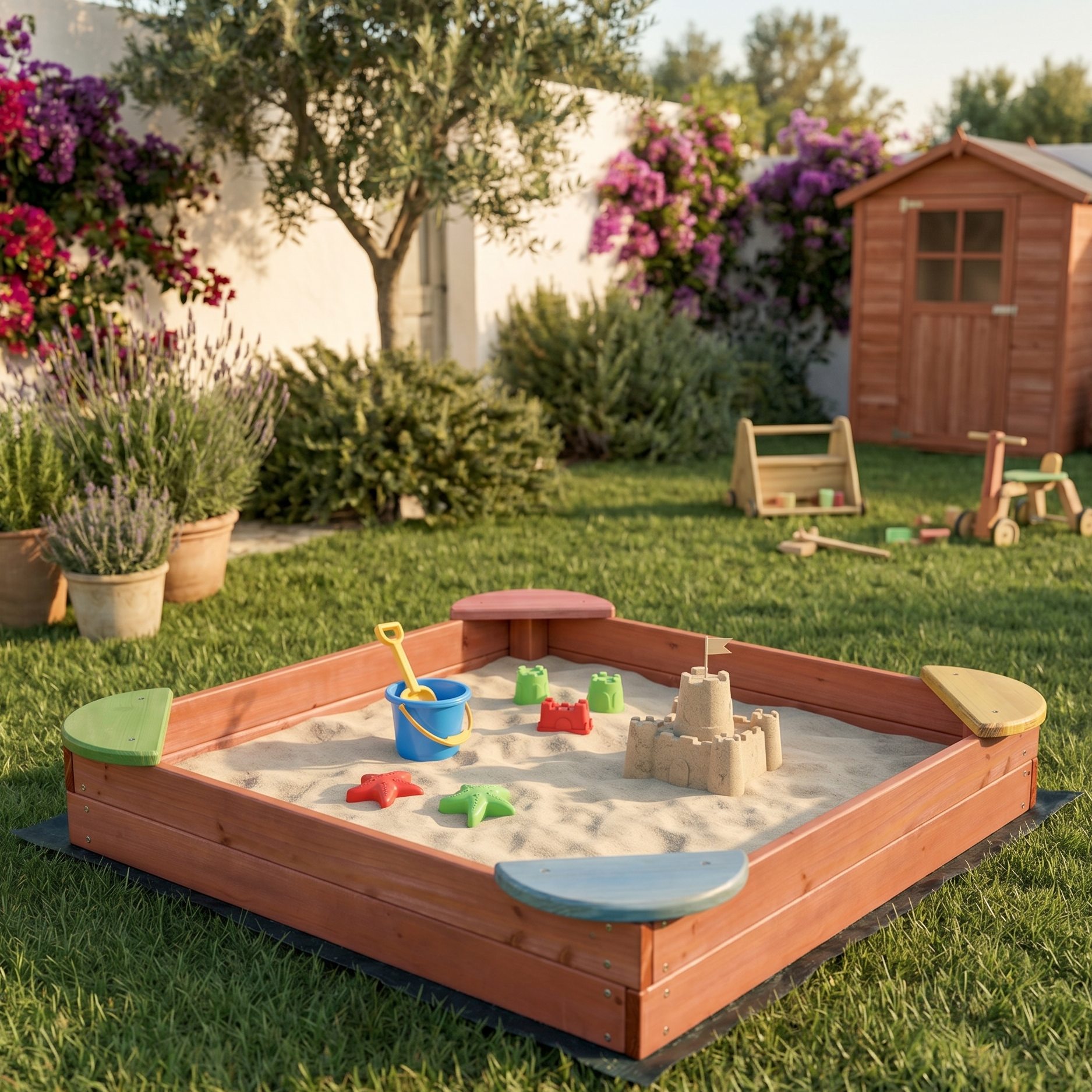 Sabbiera per bambini in legno verniciato da giardino e veranda