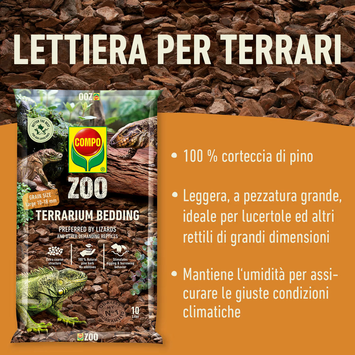 Terriccio Compo ZOO Lettiera per Terrari di Rettili uso professionale, da 10 litri