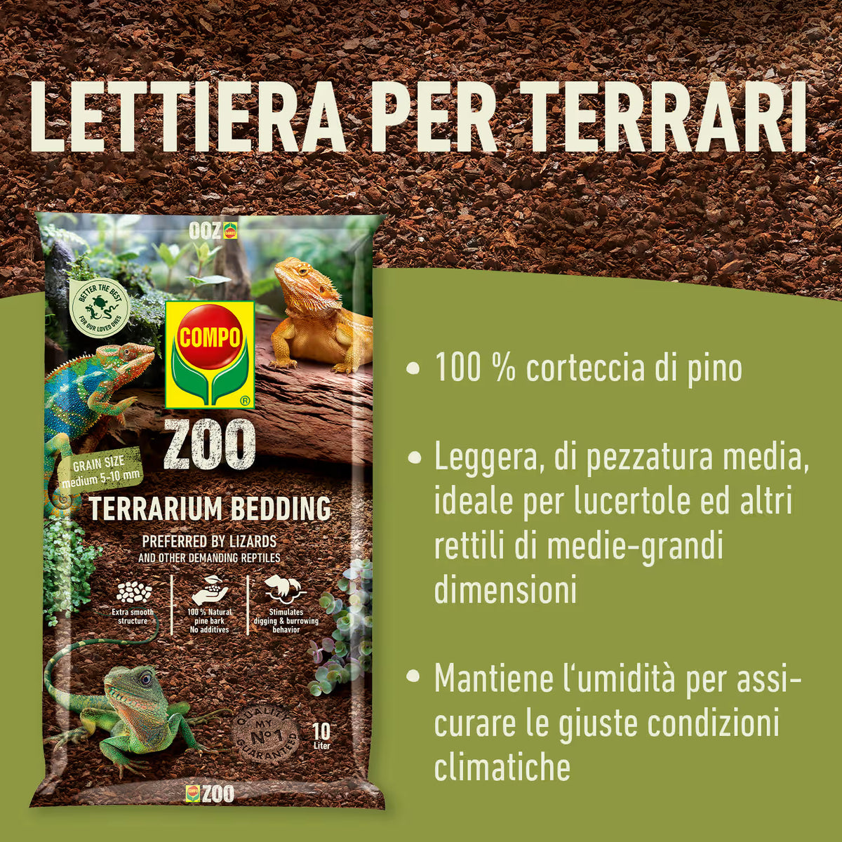 Terriccio Compo ZOO Lettiera per Terrari di Rettili uso professionale, da 10 litri