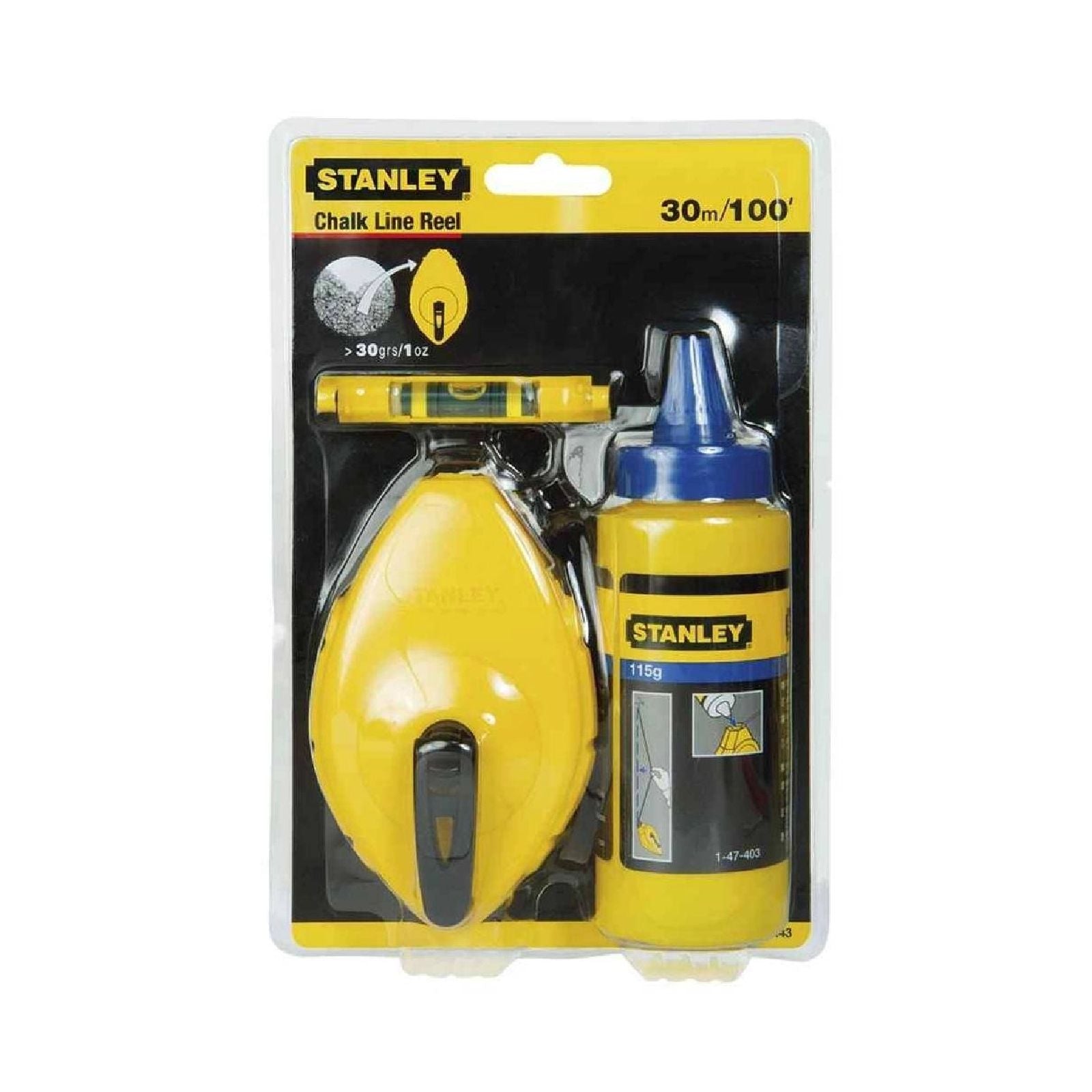 Tracciarighe in plastica completo di mini livella e flacone di polvere blu da 113 ml