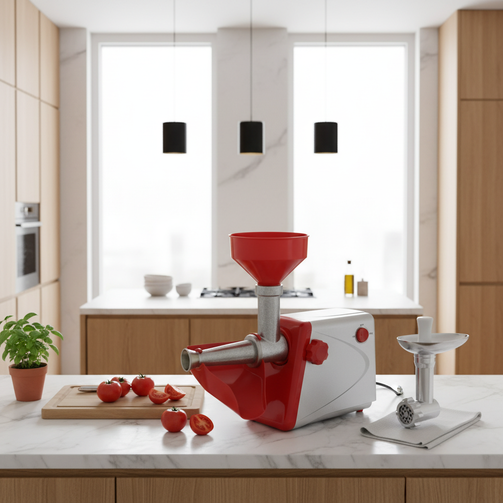 Spremipomodoro + tritacarne "Artus C25" con filtro in acciaio inox, imbuto e scivolo in PVC