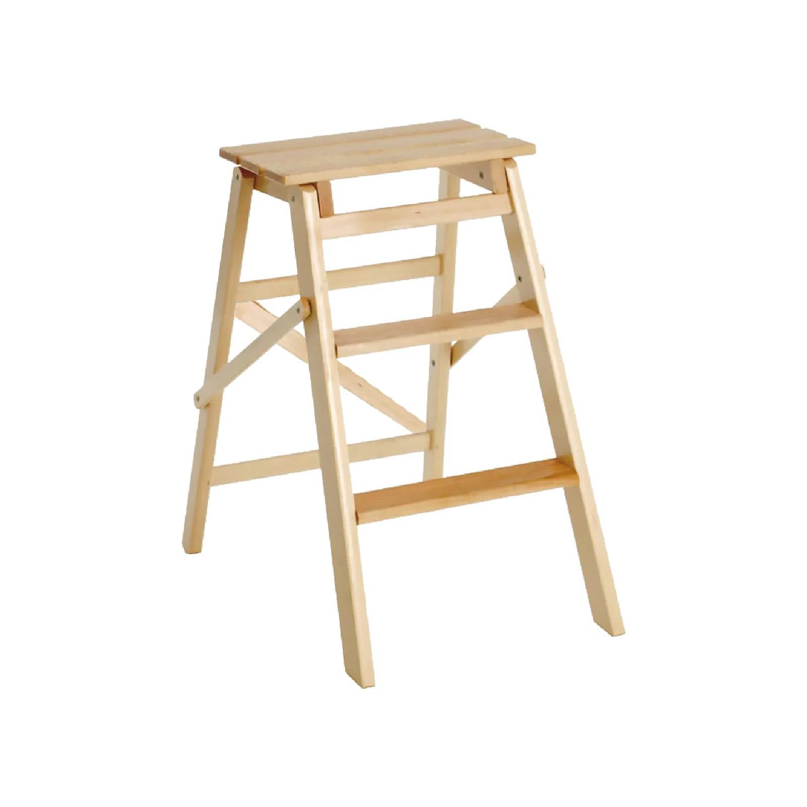 Sgabello "Scaletta" pieghevole realizzato in legno grezzo con tre gradini e barra di appoggio