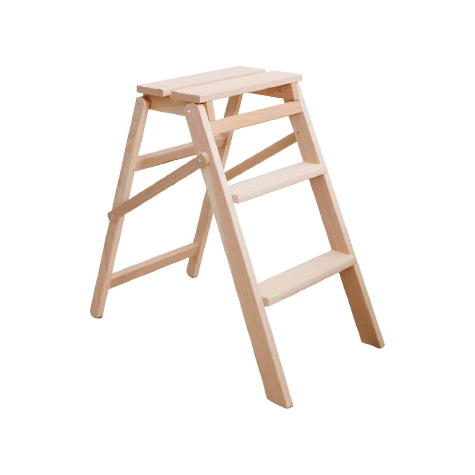 Sgabello "Scaletta" pieghevole realizzato in legno grezzo con tre gradini e barra di appoggio