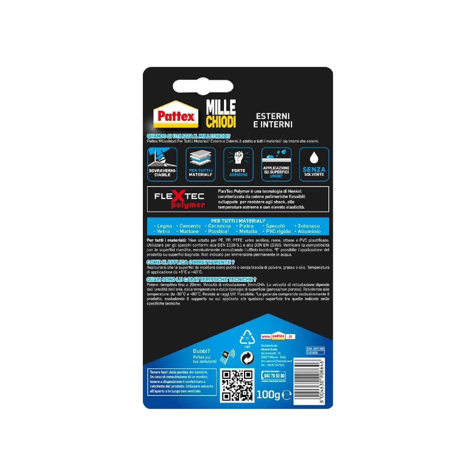 Adesivo di montaggio millechiodi "Esterni e Interni" resistente all'acqua bianco in tubetto da 100 gr