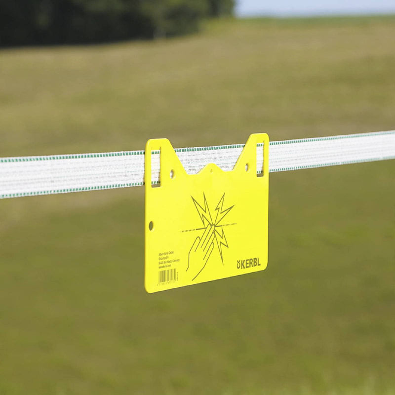 Cartello segnaletico in plastica gialla per segnalare tutti i componenti di un recinto elettrico