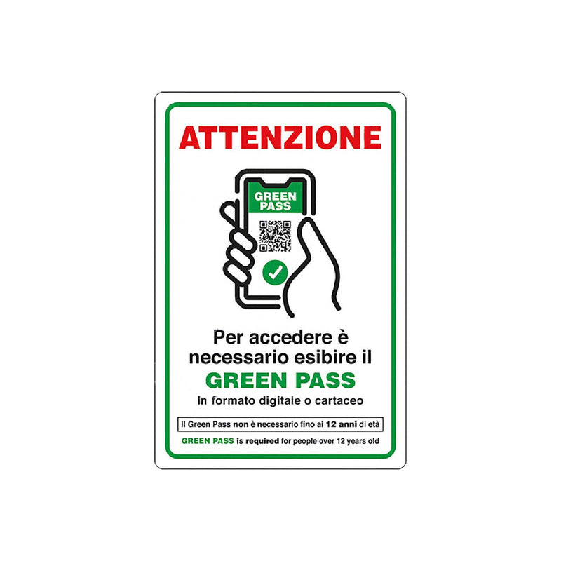 Cartello segnaletico "Accesso con Esibizione di Green Pass" realizzato in alluminio 20 x 30 cm