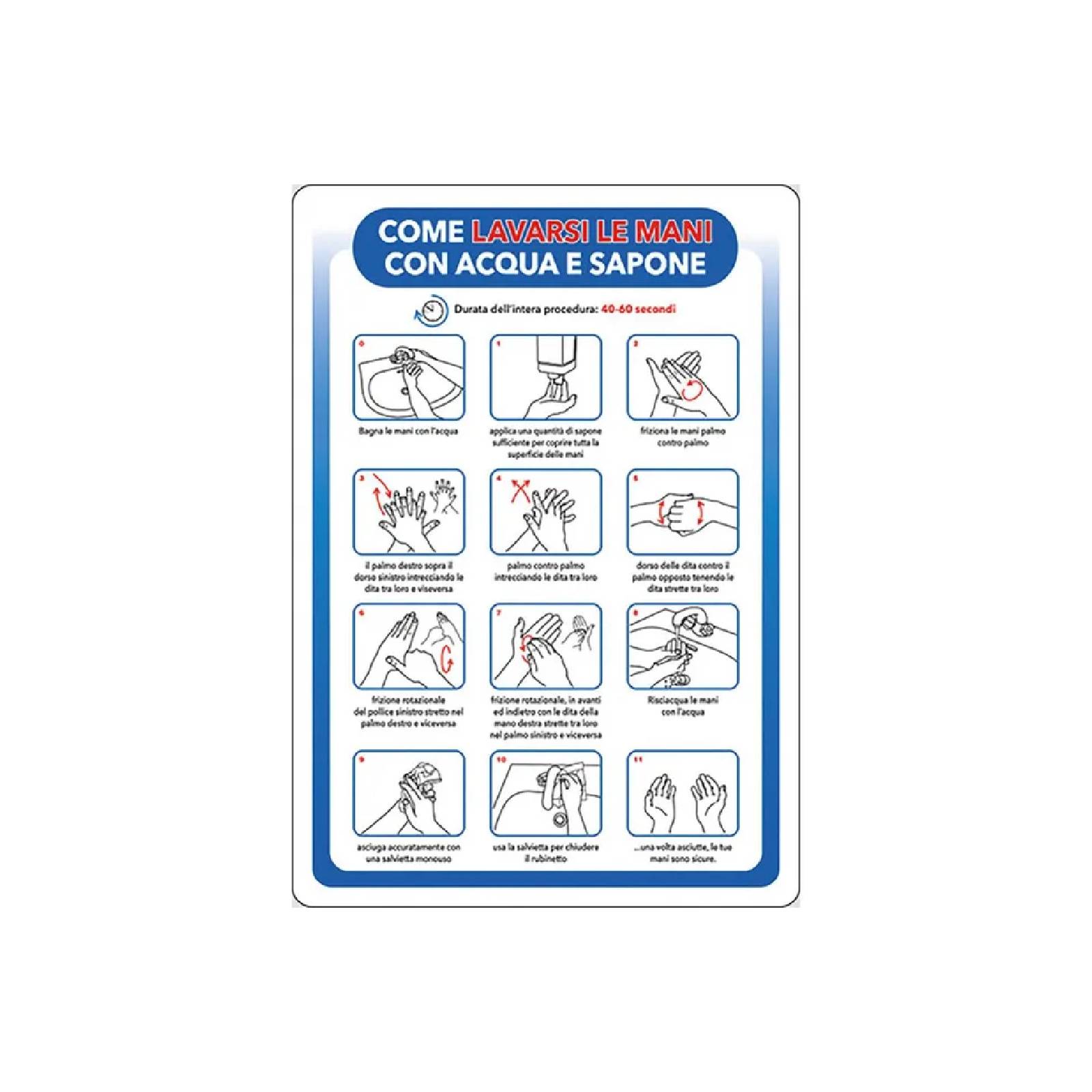 Cartello segnaletico "Come Lavarsi le Mani con Acqua e Sapone" realizzato in alluminio 20 x 30 cm