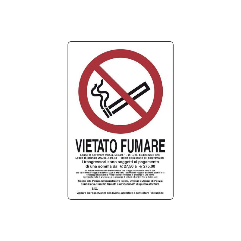 Cartello segnaletico "Vietato Fumare" realizzato in pvc con dimensioni 20 x 30 cm