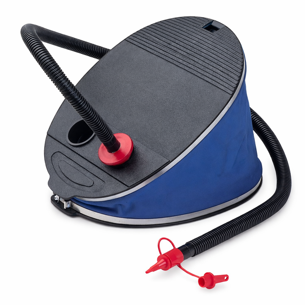 Pompa per gonfiaggio a pedale dotata di tre ugelli intercambiabili e tubo flessibile da 30 cm