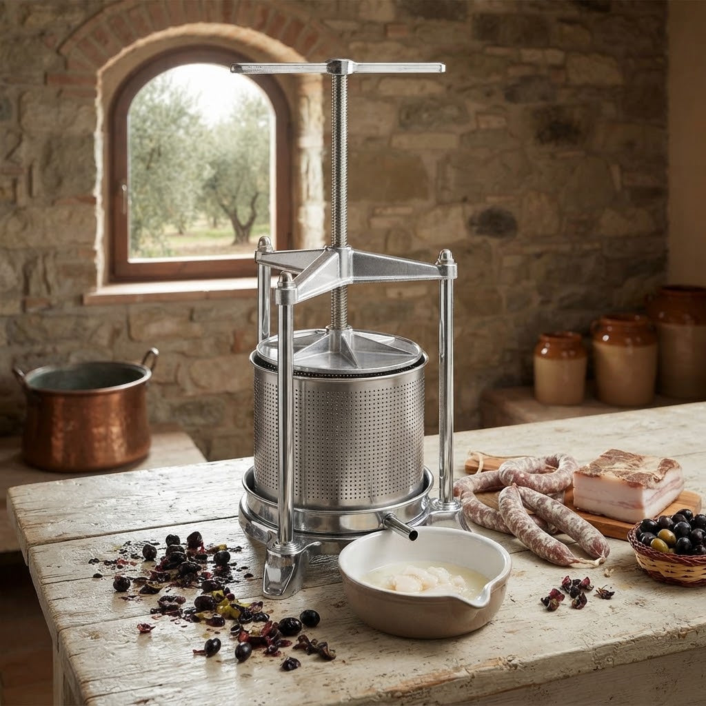 Torchietto premitutto in Inox e Alluminio, adatto come pressa per liquore, frutta ed olive